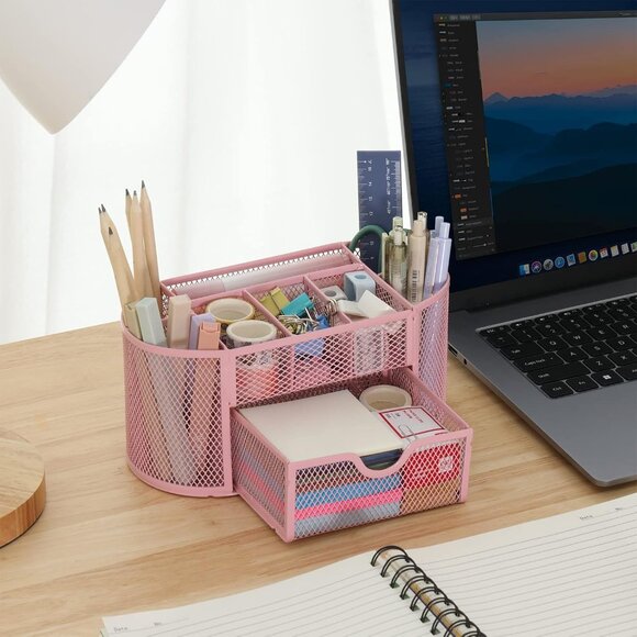 Pink Desk Organizer, Pen Holder for Desk and Accessories, Mesh Desk Organizer wi - Picture 2 of 7